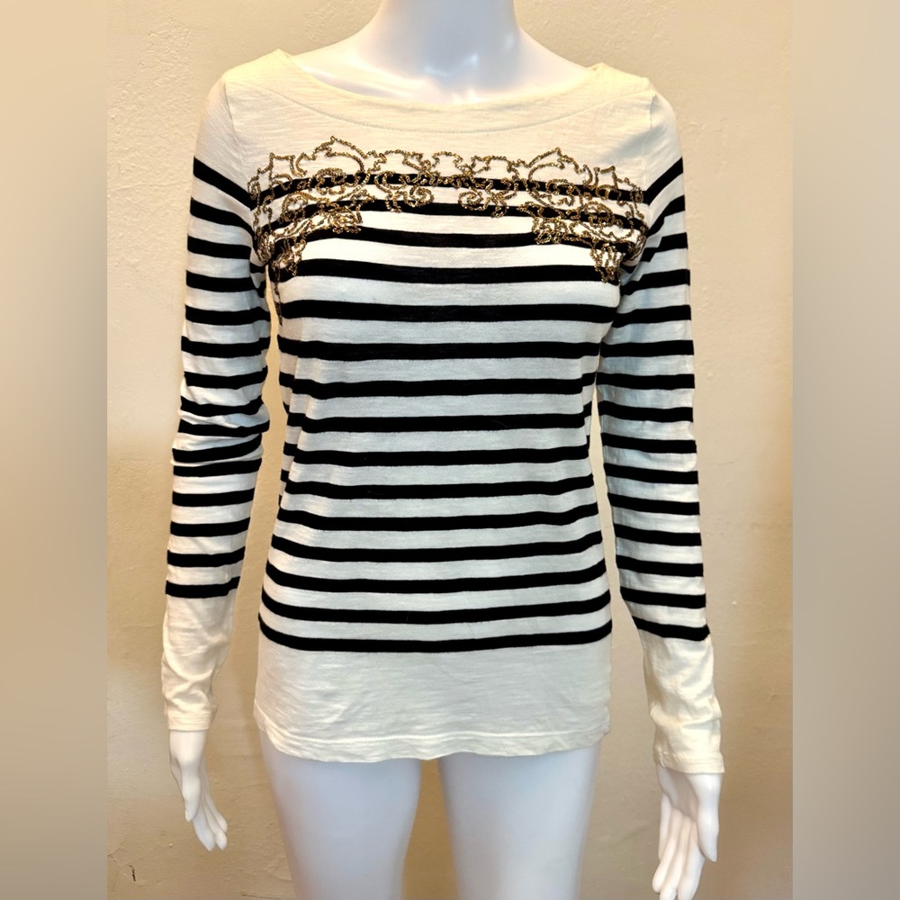 Ann Taylor LOFT 100% Cotton Striped Sequin Embellished Long Sleeve Top – Size XS